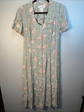 Vintage Betsy Lauren Sage Green Floral Button-Front Dress 100% Rayon